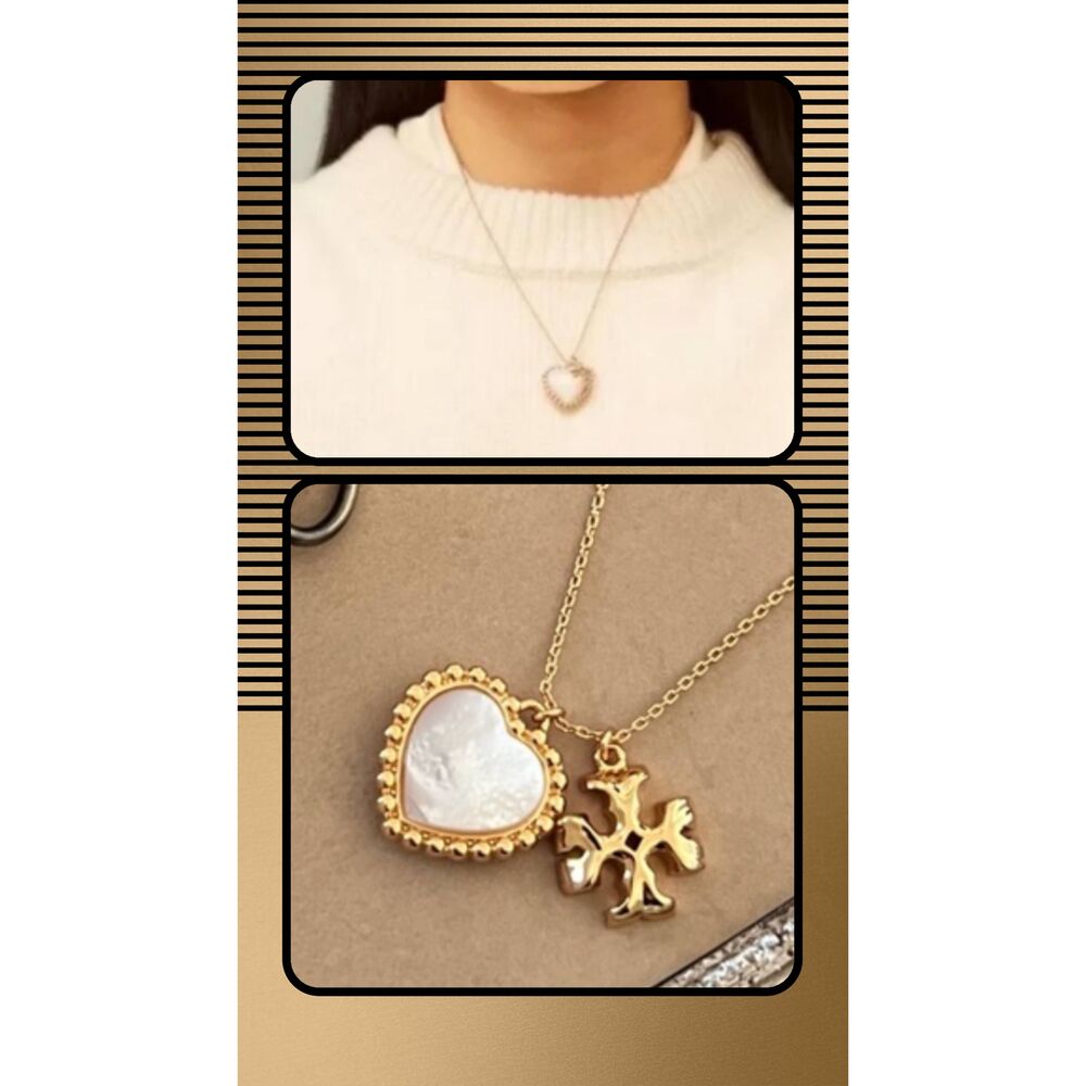 TORY BURCH Roxanne Mother of Pearl Heart Double T Logo Pendant Necklace